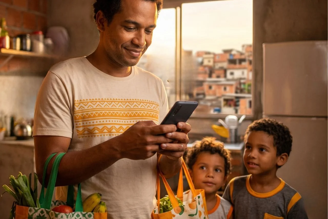 Empréstimo Bolsa Família 2026 — beneficiária consultando o aplicativo no celular