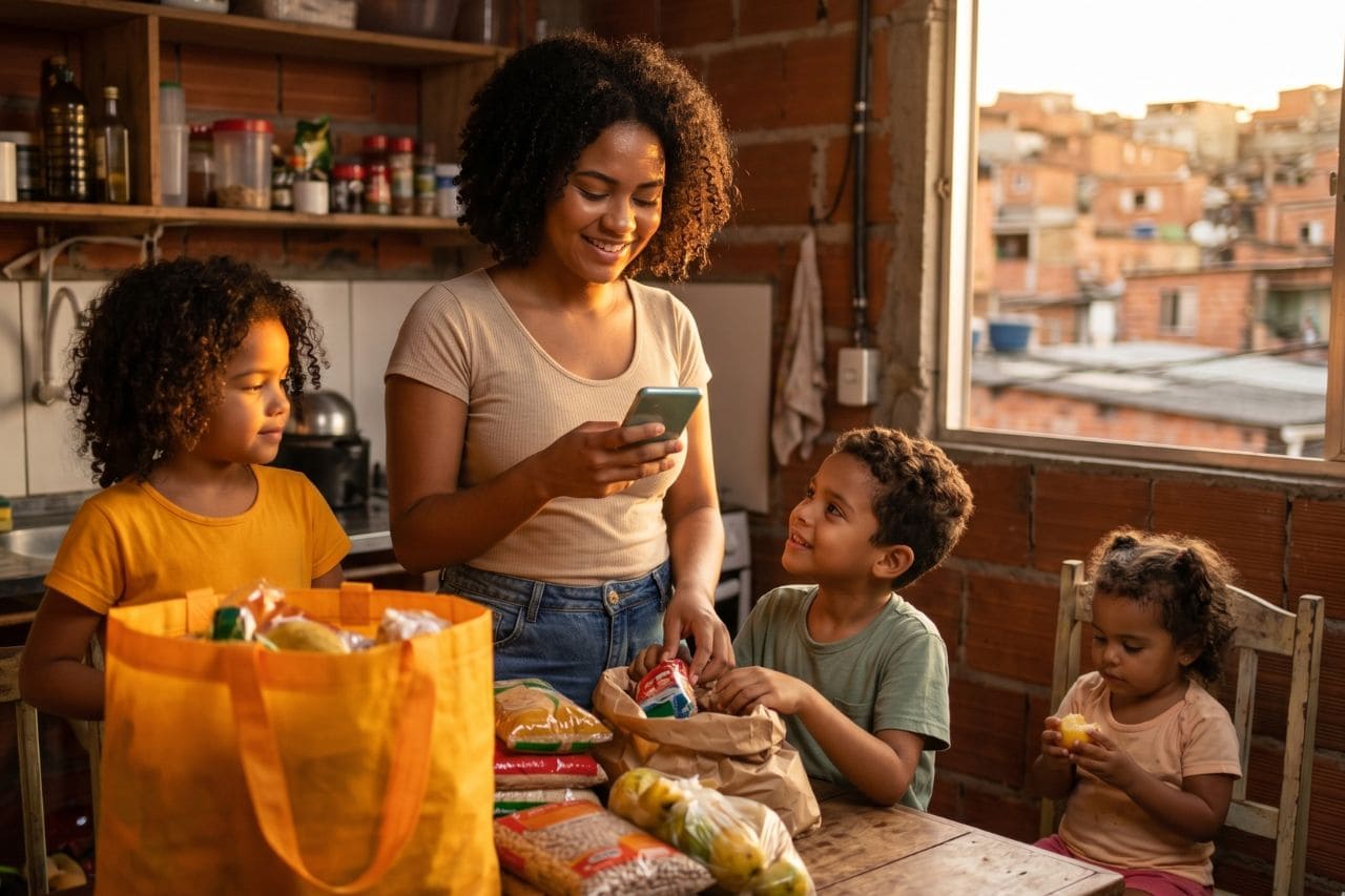 Empréstimo Bolsa Família 2026 — beneficiária consultando o aplicativo no celular