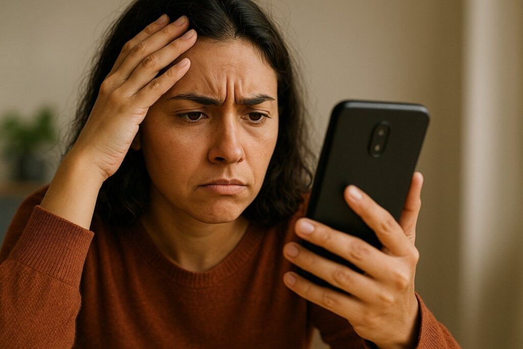 Mulher frustrada tentando conseguir um empréstimo pessoal online.