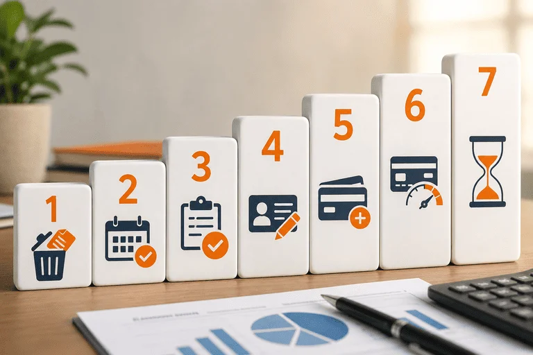 Sete blocos numerados representando os sete passos para aumentar o score de crédito